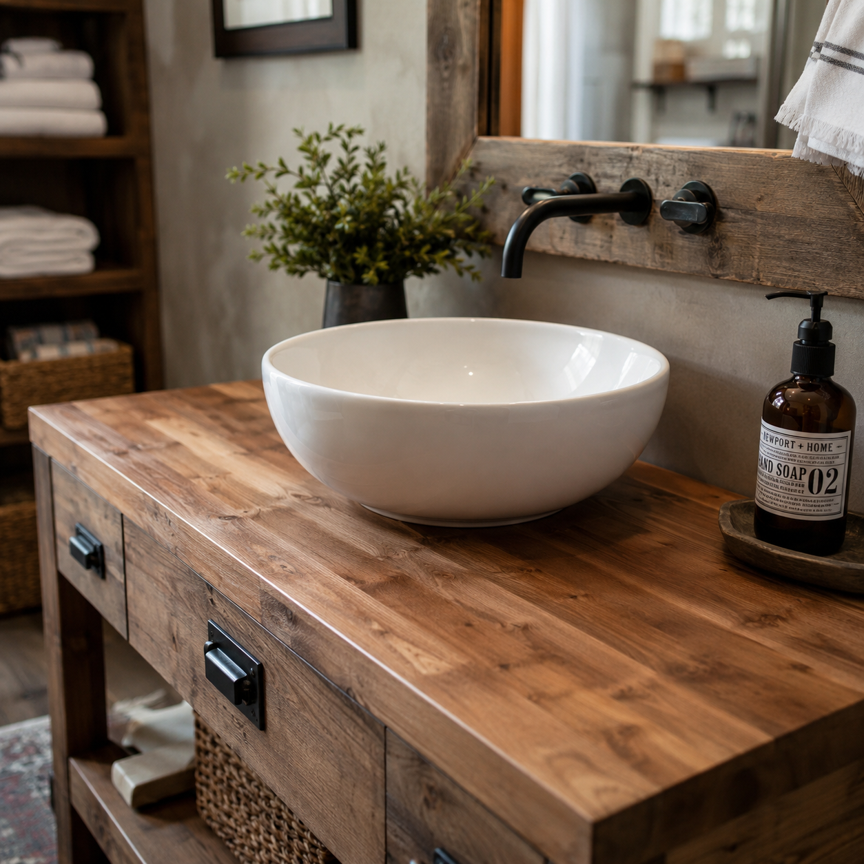 Butcher block wood bathroom vanity top with vessel sink