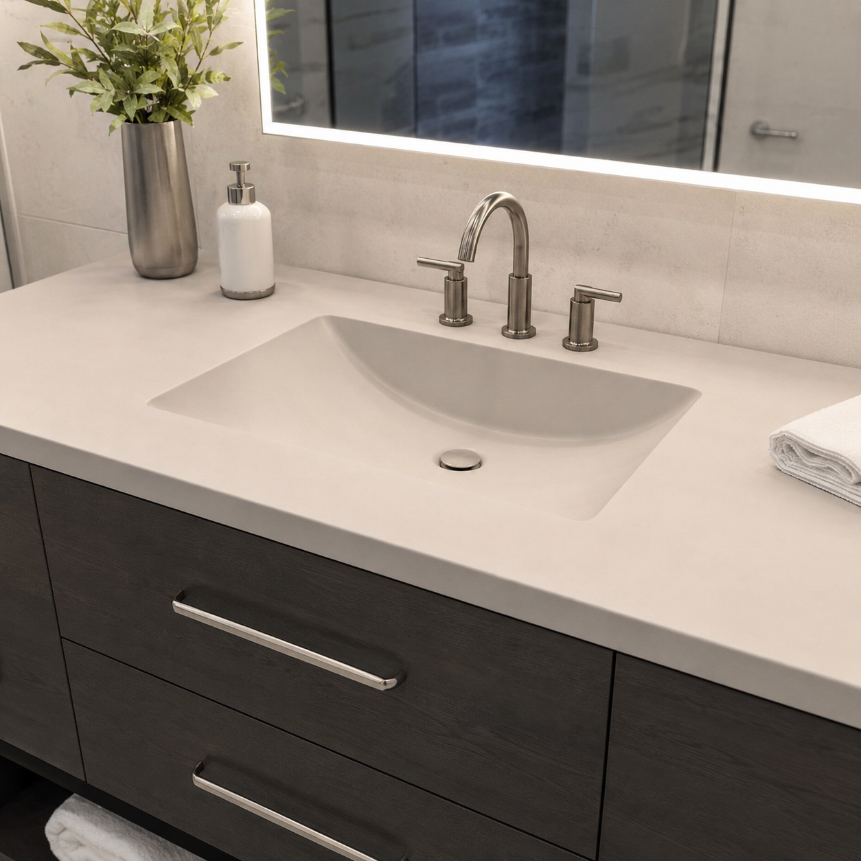 Solid surface Corian bathroom countertop with integrated sink