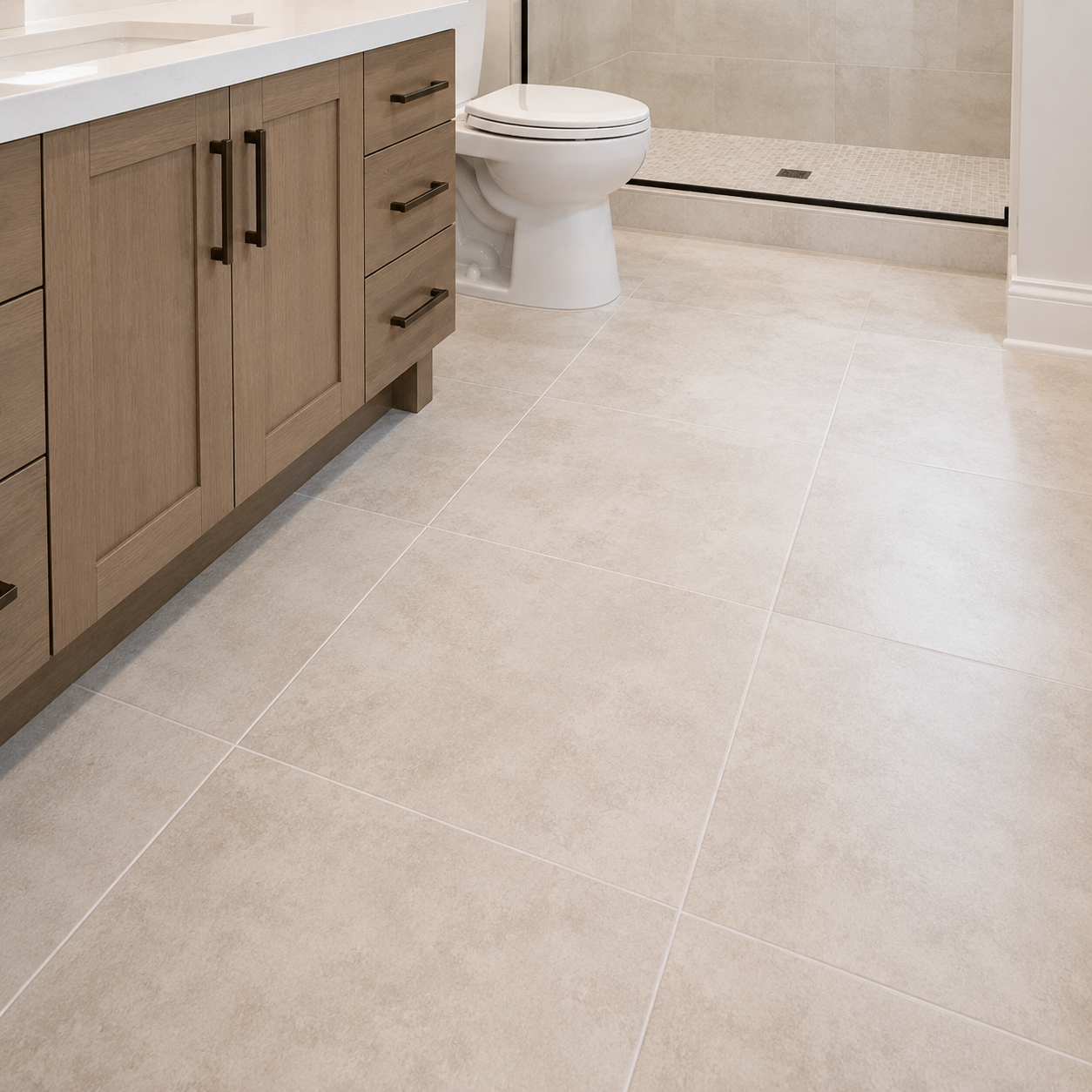 Large-format marble-look porcelain tile bathroom floor