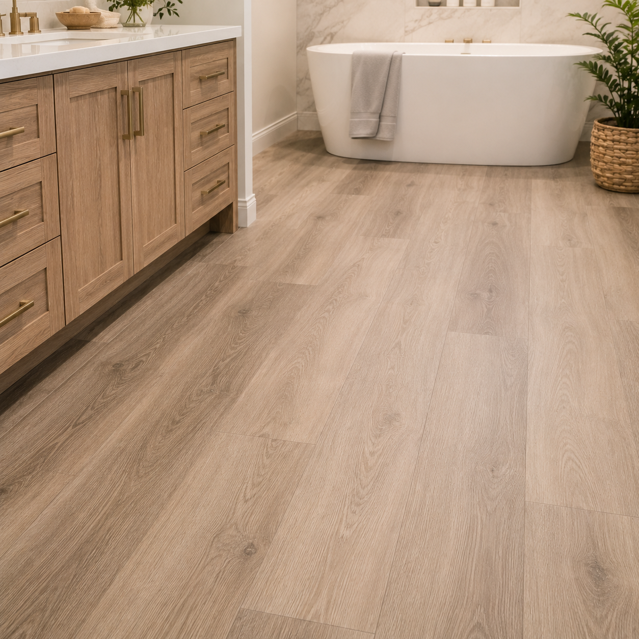 Luxury vinyl plank wood-look bathroom flooring