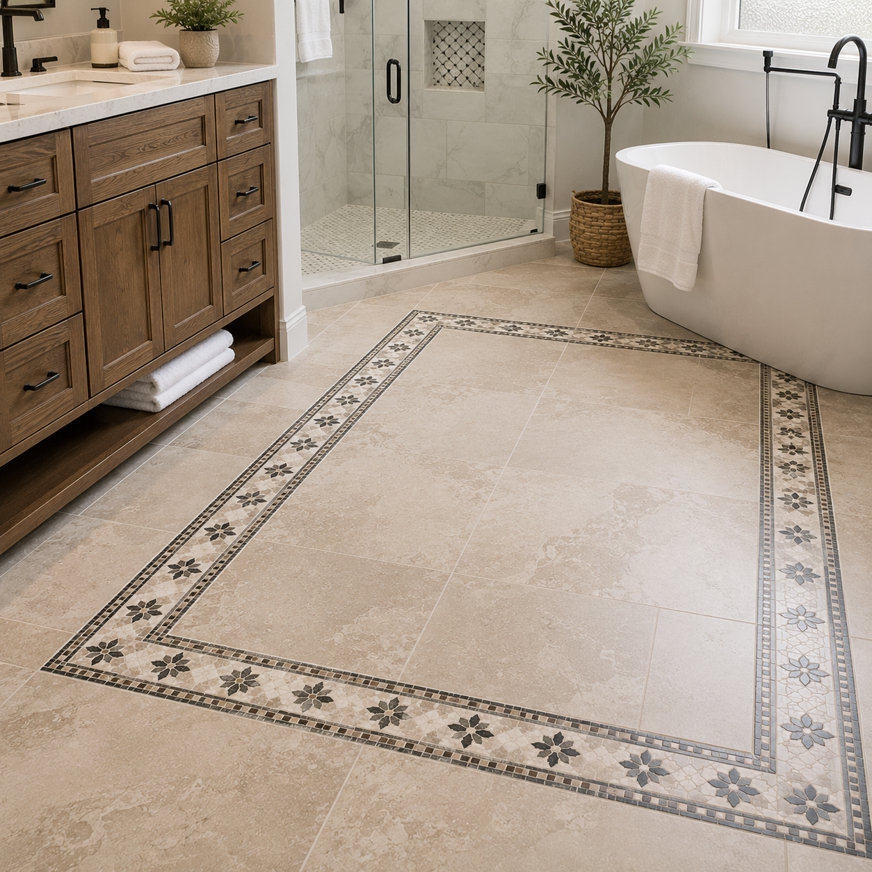 Mosaic accent tile border on bathroom floor