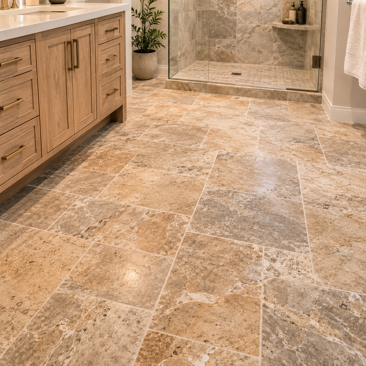 Natural stone travertine bathroom floor
