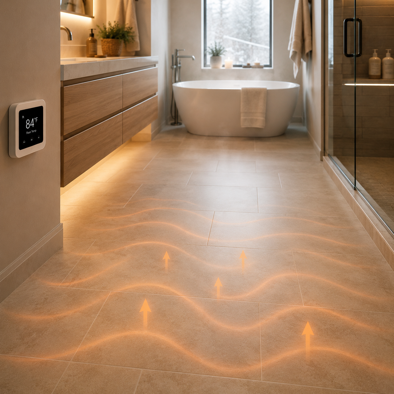 Heated radiant floor in bathroom