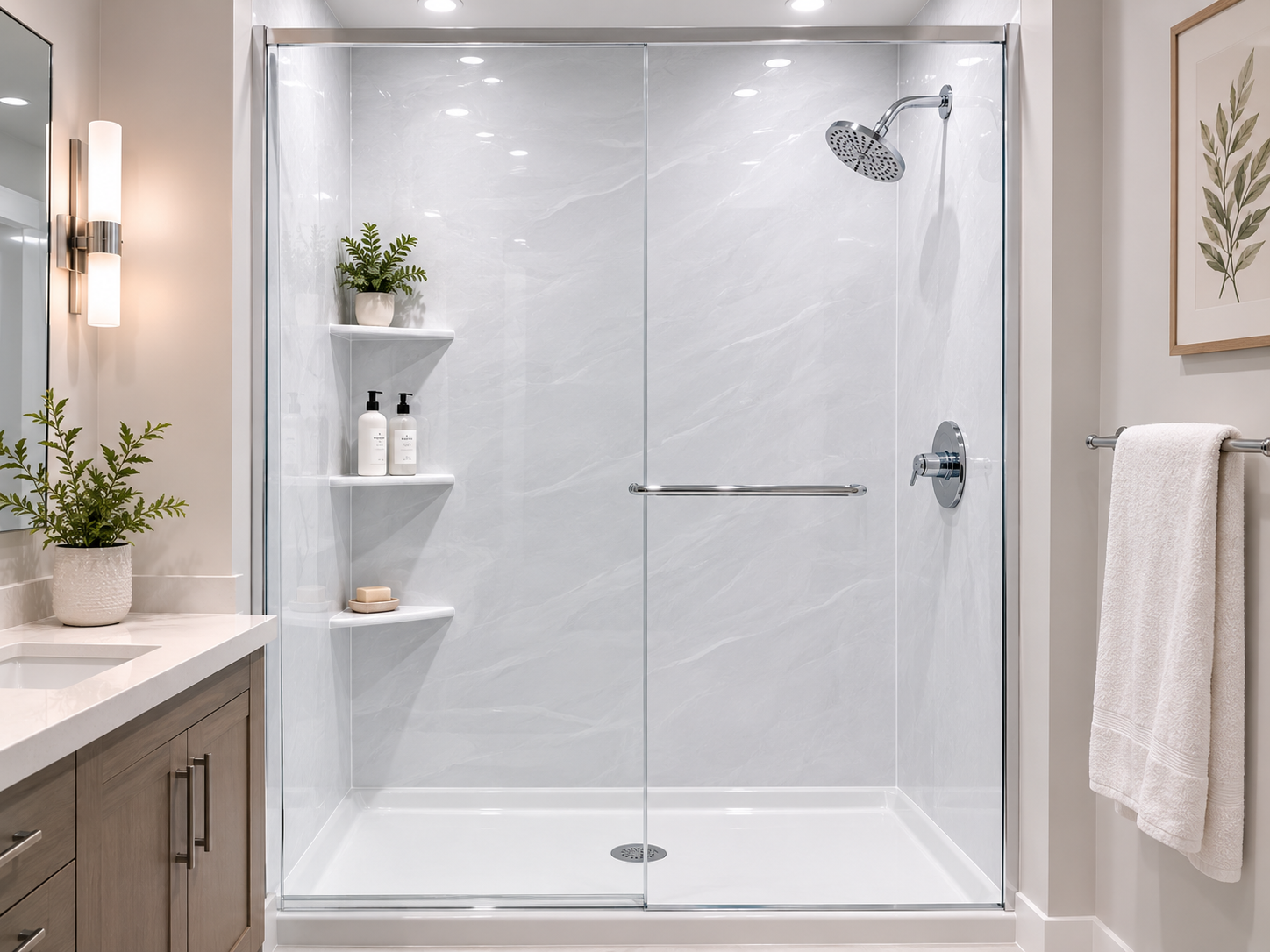 Semi-frameless sliding glass shower with acrylic wall panel