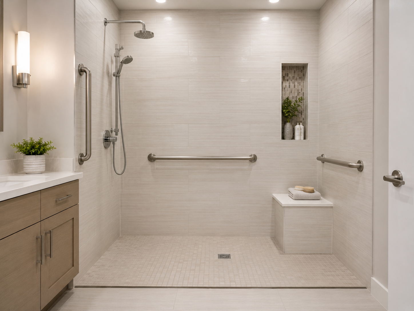 ADA-accessible shower with grab bars and built-in bench