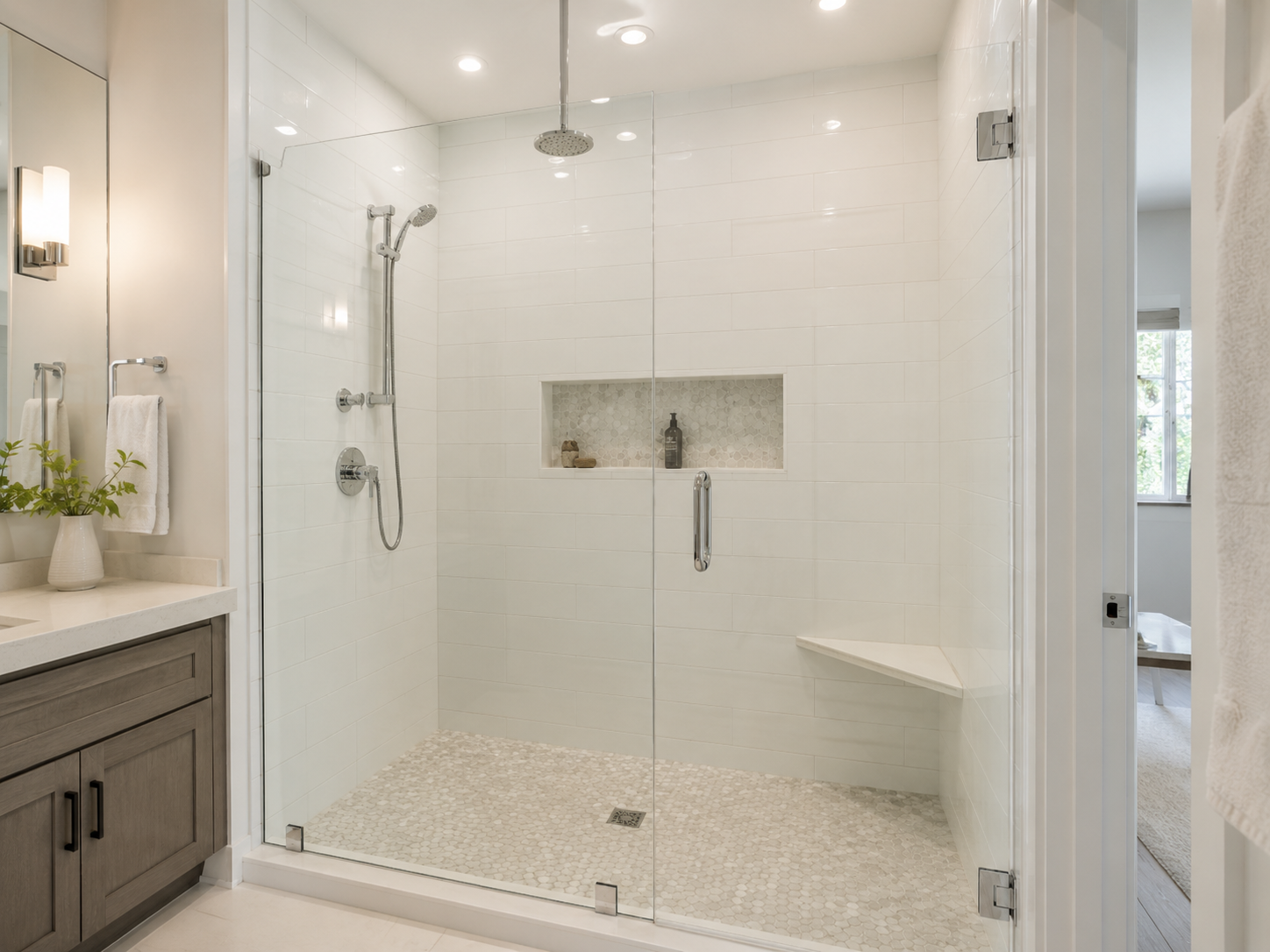 Frameless glass walk-in shower with rain head
