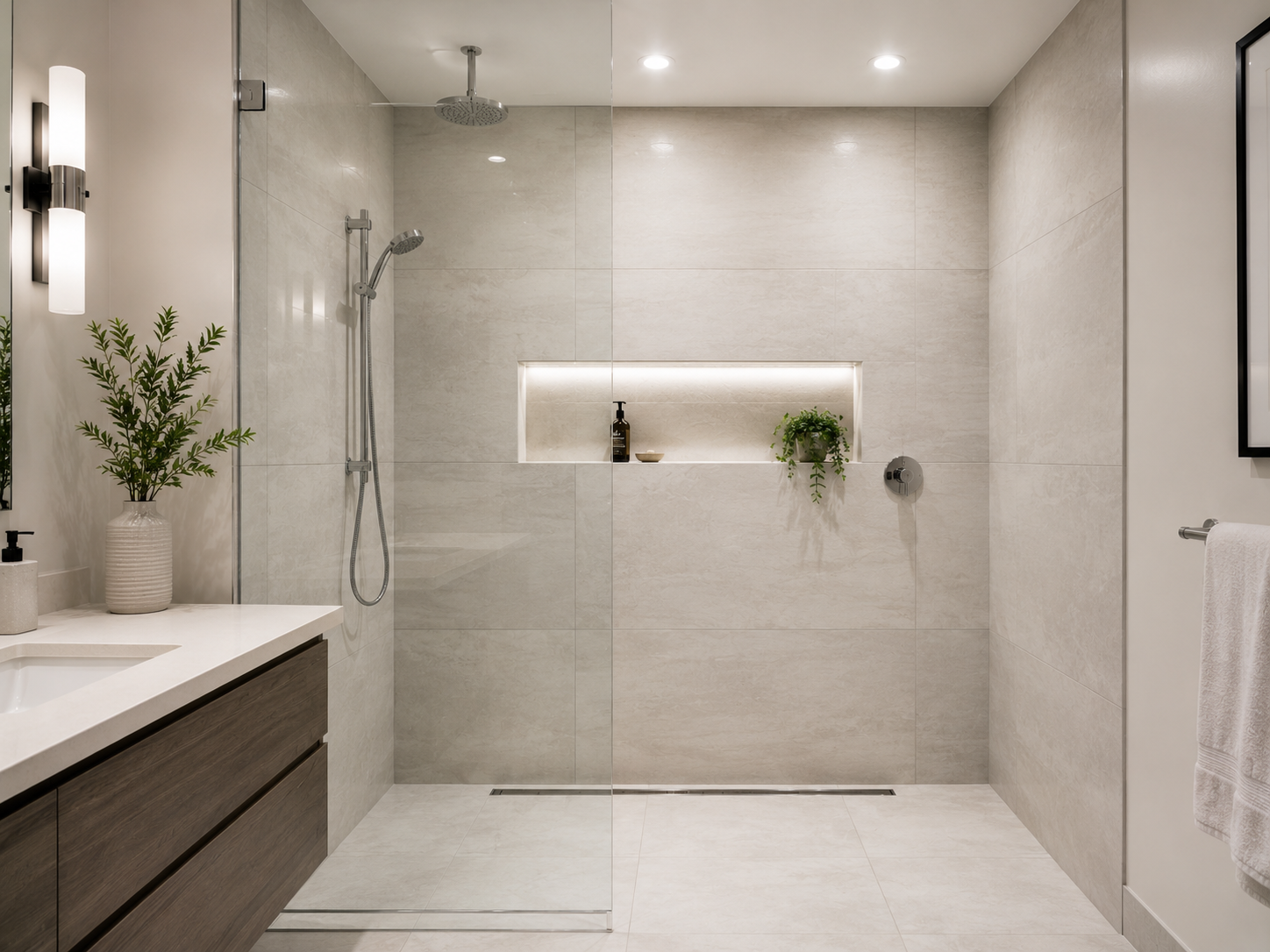 Custom tiled walk-in shower with large-format tile and bench