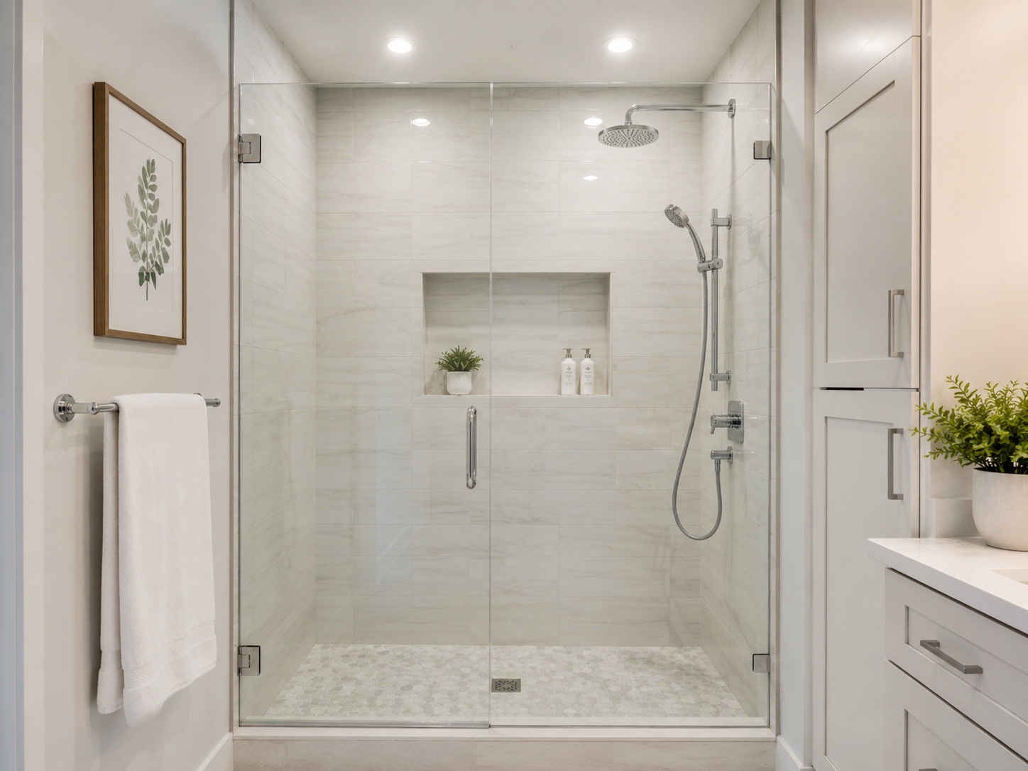 Tub-to-shower conversion with curbless walk-in entry