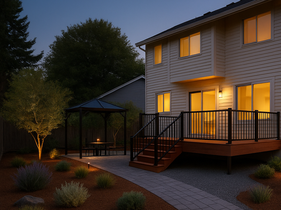 Evening deck design with gazebo and landscape lighting