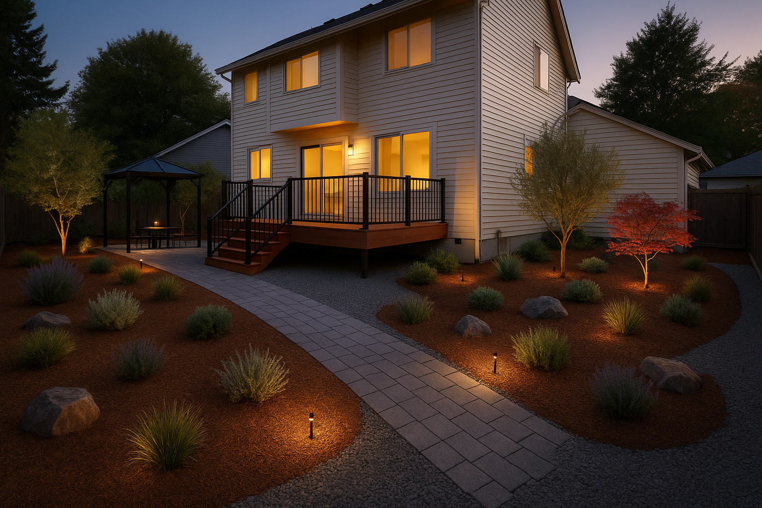 Backyard renovation concept with landscape lighting at dusk